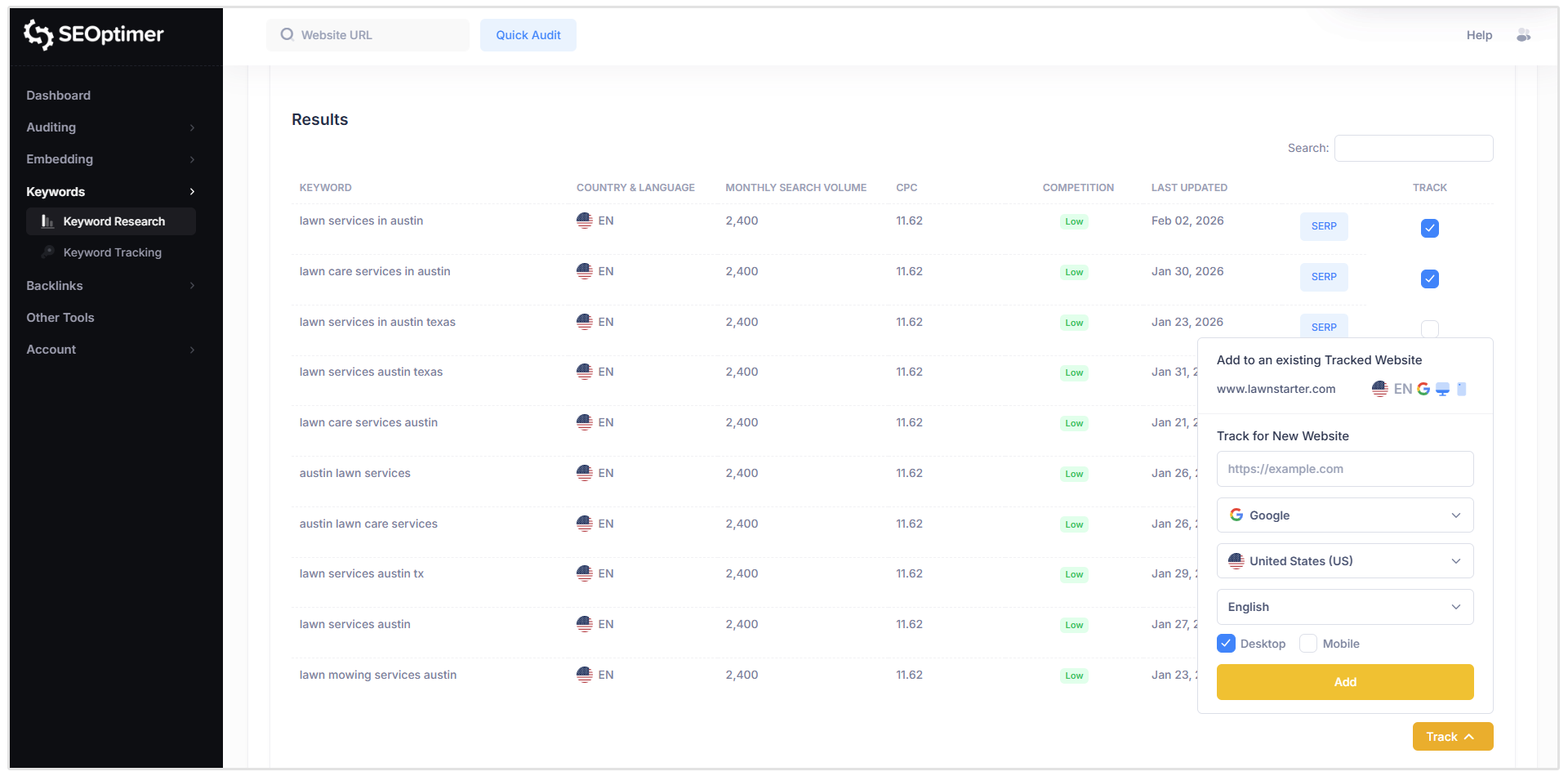 Add keywords from Keyword Research module